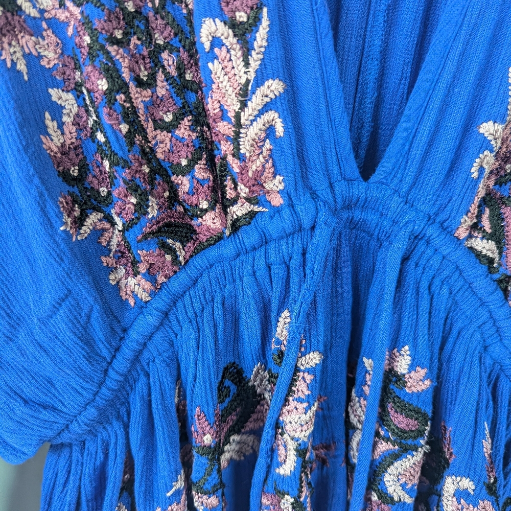 Free People Royal Blue Embroidered Floral Boho Mini Dress - Picture 10 of 13